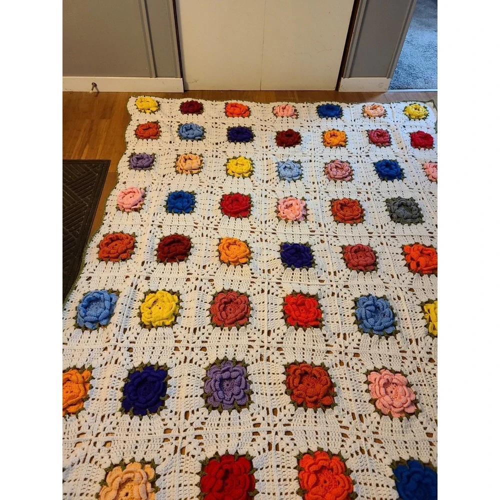 Handmade Vintage Crochet Afghan Colorful 3D Rose Motifs on a White Background